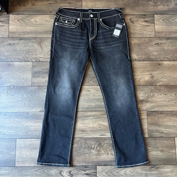 True Religion Men's Ricky Rope Stitch Flap Jeans Washed Black/Green Size 34x32 - Picture 2 of 10